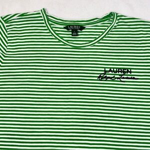 Lauren Ralph Lauren Womens T-Shirt White Green Stripe Embroidered Logo Large